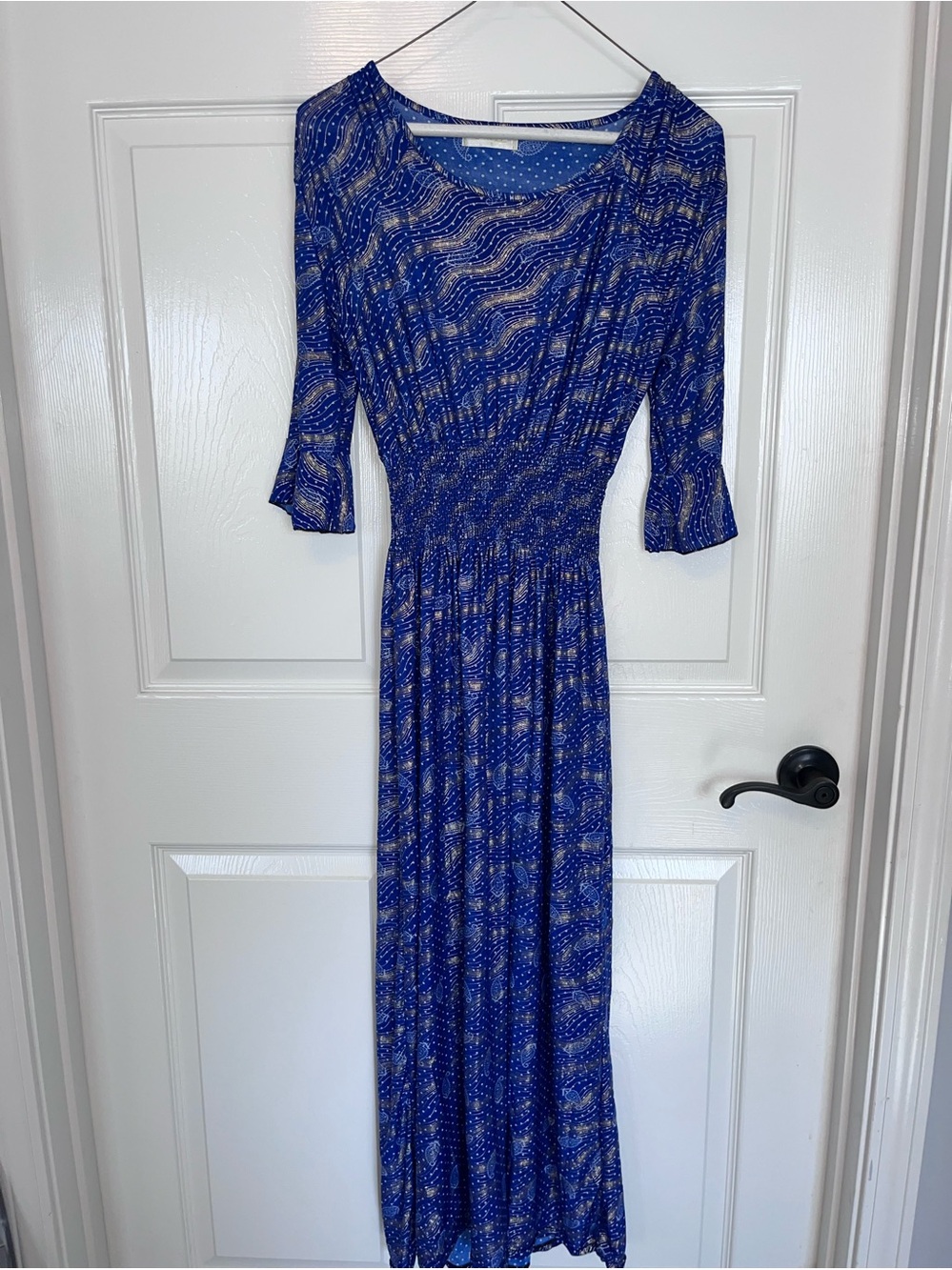 Ace Fashion Blue/Gold Patterned Maxi Dress with 3/4 Sleeves